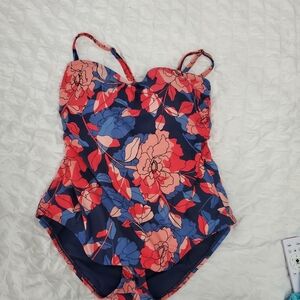 Kona Sol Floral Navy One-Piece Swimsuit with Coral & Blue Blooms Sz XL